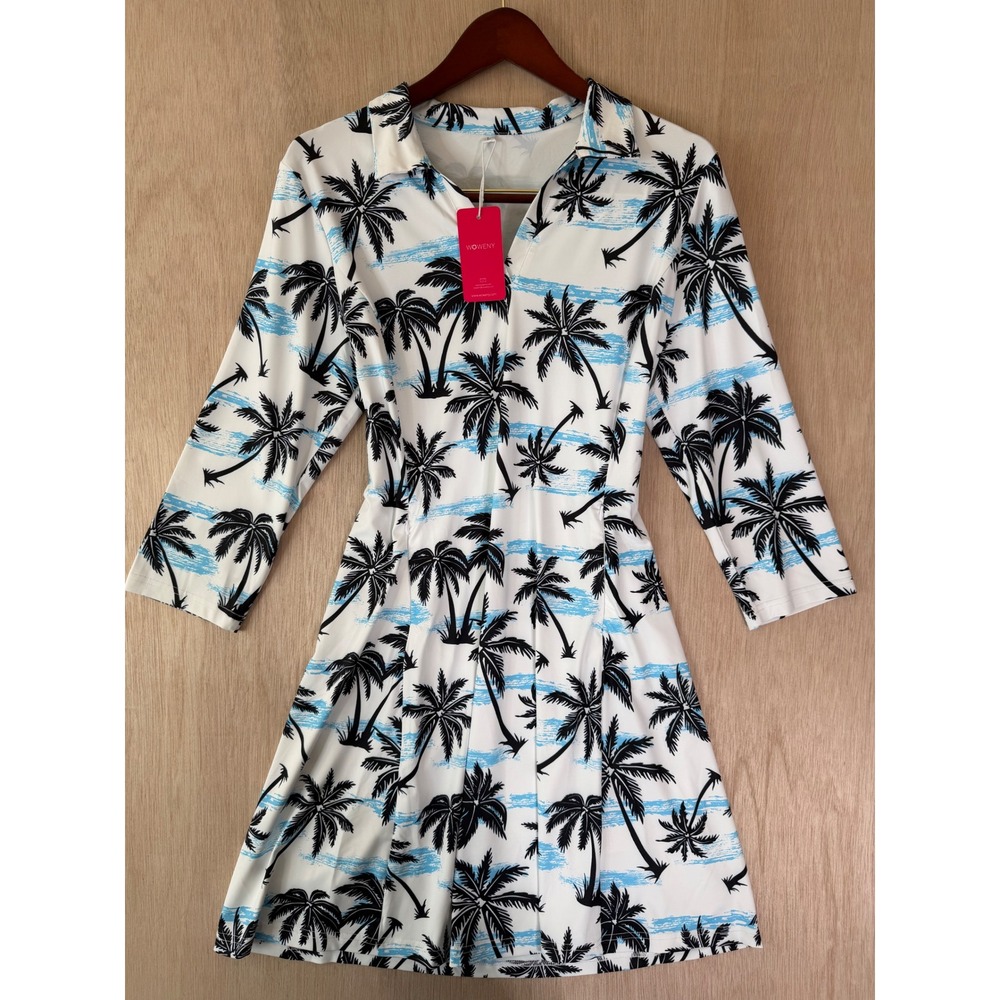Woweny Women Palm Tree Print V-Neck Dress White Blue Large NEW